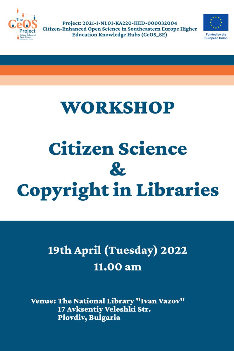 CeOS_SE's tweet photo. #CeOS_SE will hold it's first activity at the National Library “Ivan Vazov”, Bulgaria. 

Our partners from the University of Library Studies &amp; Information Technologies will discuss #copyright in #libraries followed by a game-based #CitizenScience activity. 

Look out for updates! https://t.co/iuT50kR5M9