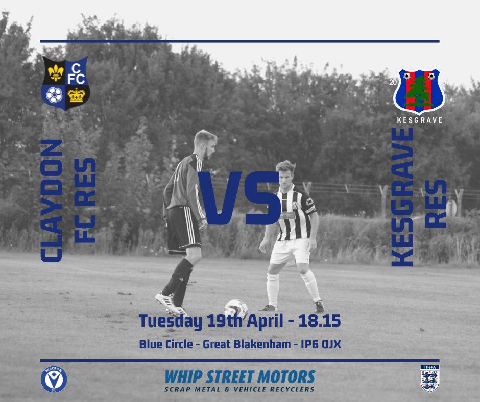 Claydon_FC's tweet photo. The reserves’ push for the title continues tomorrow evening as they welcome @AfcKesgravemens reserves to the Circle. A win tomorrow would take the reserves to within one win of the title. #TouchingDistance #StayFocused #StickTogether #OneClub 💙🖤 https://t.co/Un7LtDDb6C