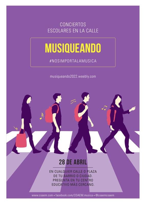 Apúntate al #musiqueando el próximo 28 de abril. 

El objetivo de Musiqueando 2022 es celebrar un día de fiesta por la Música escolar y compartirlo.

¡Saca a los alumnos de las aulas y participa!

🔗Infórmate en: musiqueando2022.weebly.com
