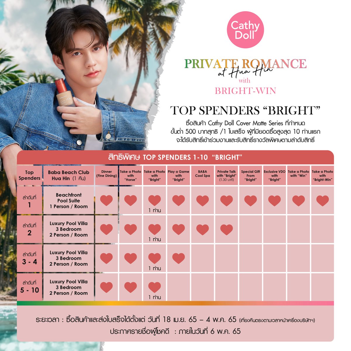 Cathydollclub's tweet photo. 📢 ร่วมกิจกรรมสุดโรแมนติกแบบฟินจุกอก
💖 #BrightWinPrivateRomance 💖
@ Hua Hin with #ไบร์ทวิน 
ในวันที่ 14 พ.ค 65 นี้!!
.
น้ำทะเลหัวหินจะไม่เค็มอีกต่อไป ☺️🥳
.
📍 เพิ่มเติม >> https://t.co/FB9Yi67iR4
#BrightWin_CoverMatteSeries
#CathyDoll
#bbrightvc #winmetawin https://t.co/48jQvsO5q0
