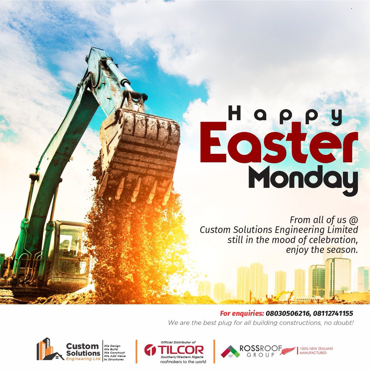 Customsolutng's tweet photo. Happy Easter Monday
To all our clients home and abroad.

From all of us @
Custom Solutions Engineering Ltd

#customsolutng #csetilcor #tilcorroofing #tilcor #roofing #roofingcontractor #easter #eastermonday #easter2022 #celebration https://t.co/cJi6QMvGy4