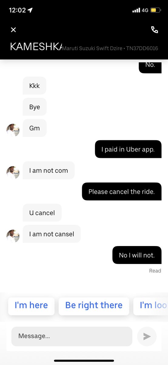 ra_iyer's tweet photo. Dear @prabhjeet_s I want to share my terrible experience at Coimbatore Airport as attached. Drivers refused booking on the app &amp; asked me to pay a higher amount by contacting me. This happened 6 times with 2 drivers. To make it worse @UberINSupport gave a bureaucratic response. https://t.co/O6BpK845JA