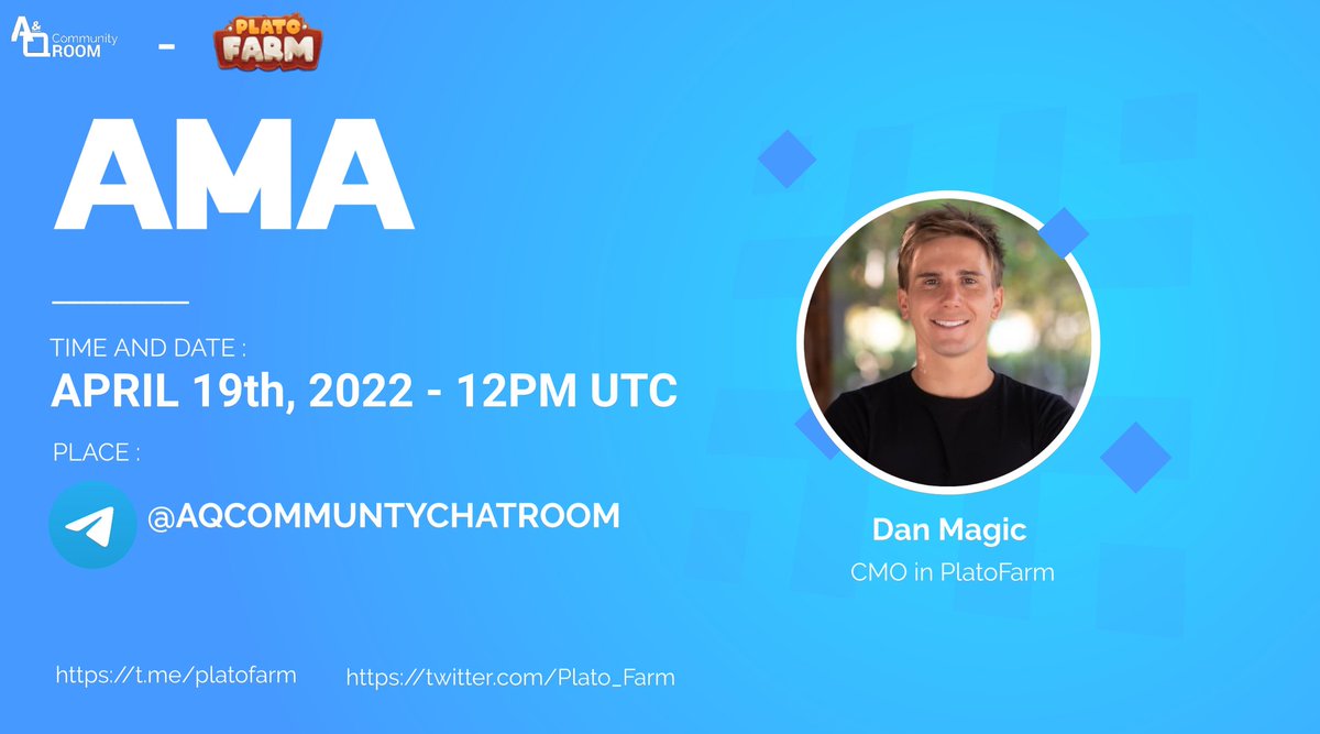 DexterCall_io's tweet photo. 🔔AMA SERIES With PlatoFram

🏢Venue : https://t.co/Gof3YLlU3A
📅Date : On April 19th
⏱️Time : 12 PM UTC

📜Rules:
1.Join the https://t.co/ys1QWuPYr7
2. Follow Twitter @Plato_Farm and  @AQ_Community
3. Like , Retweet , &amp; Tag 3 friends.
4. Post Questions in the comments. https://t.co/zXHM9cz2Ok