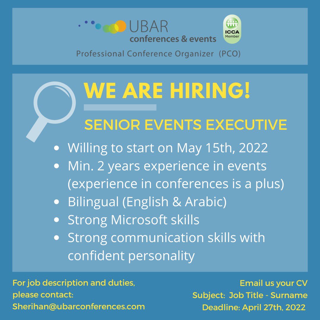 EventsUbar's tweet photo. Join our team! 
We are looking for an experienced bilingual &amp; full time Senior Events Executive
Send us your CV if you are interested
Sherihan@ubarconferences.com 

#omanjobs #hiringinoman #muscatjobs #eventsjob #eventsexecutive #eventsinoman https://t.co/z6apl1xPTh