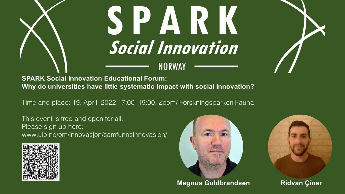 Why SPARK Social Innovation? On April 19th <a href="/psandset/">Per Morten Sandset</a> from <a href="/UniOslo/">Universitetet i Oslo</a> will introduce and <a href="/ridcinar/">Ridvan Cinar</a> from <a href="/hvl_no/">Høgskulen på Vestlandet</a> <a href="/MohnCentre/">Research @ Mohn Centre HVL Norway</a>  and <a href="/magnusgulbr/">Magnus Gulbrandsen</a> from <a href="/TIK_senteret/">UiO – TIK-senteret</a> <a href="/OSIRIS_TIK/">OSIRIS at TIK</a> will talk about how universities engage with social innovation.  Sign up here:  uio.no/om/innovasjon/…