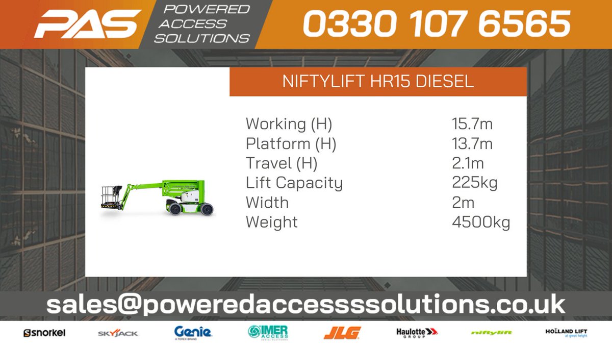 🟠🟠The HeightRider 15 4-wheel-drive (HR15 4x4) offers one of the most impressive working envelopes for a diesel boom lift hire.🟠🟠

View &amp; Download product spec - poweredaccesssolutions.co.uk/boom-hire/nift…

#Poweredaccess