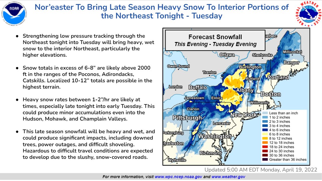 A strong Nor'easter will bring significant, heavy snow to portions of the interior Northeast late tonight through Tuesday. This heavy and wet snow will likely be hazardous and disruptive to travel and may lead to downed trees and power outages.