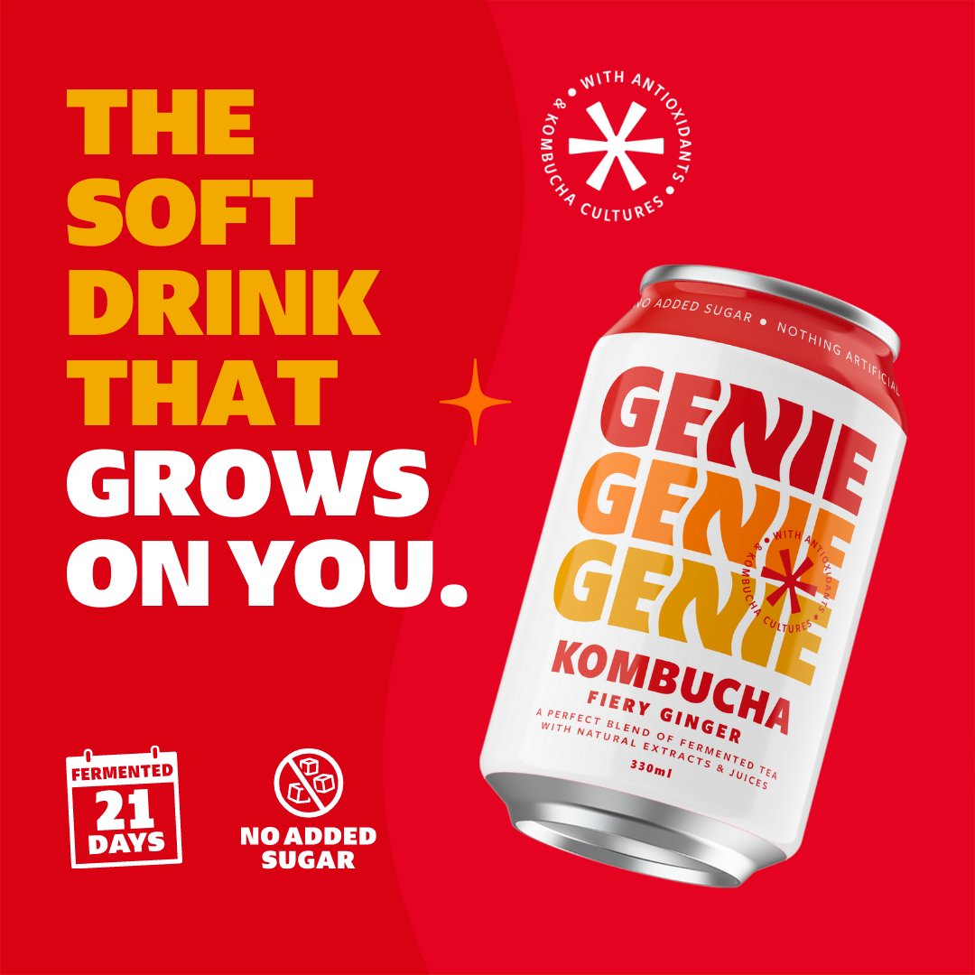 GenieDrinks's tweet photo. Monday blues getting you down? 🔥

Never fear! Because Genie's Fiery Ginger Kombucha is here to blow away those post-weekend cobwebs. Made with black tea and organic ginger extract, this naturally tart kombucha packs a punch right in the Monday! 🥊

#kombucha #guthealth https://t.co/LBJjKVHUyK