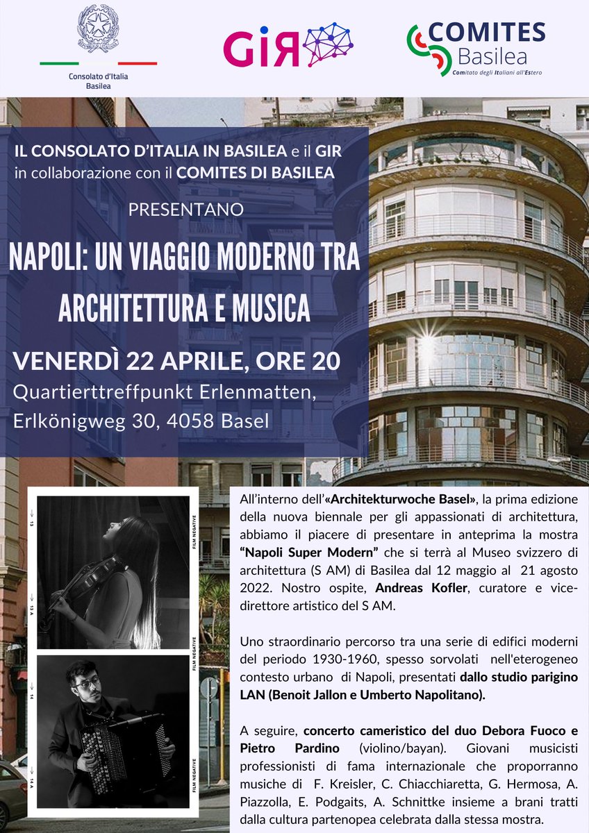 BasileaComites's tweet photo. Il Consolato e GIR con il Comites di Basilea presentano
NAPOLI: UN VIAGGIO MODERNO TRA ARCHITETTURA E MUSICA
All’interno dell’#ArchitekturwocheBasel la mostra "Napoli Super Modern"
22 aprile ore 20 Quartierttreffpunkt Erlenmatten Erlkönigweg 30 Basilea @ItalyInBasel @PPietromaria https://t.co/1B39PU5n8t