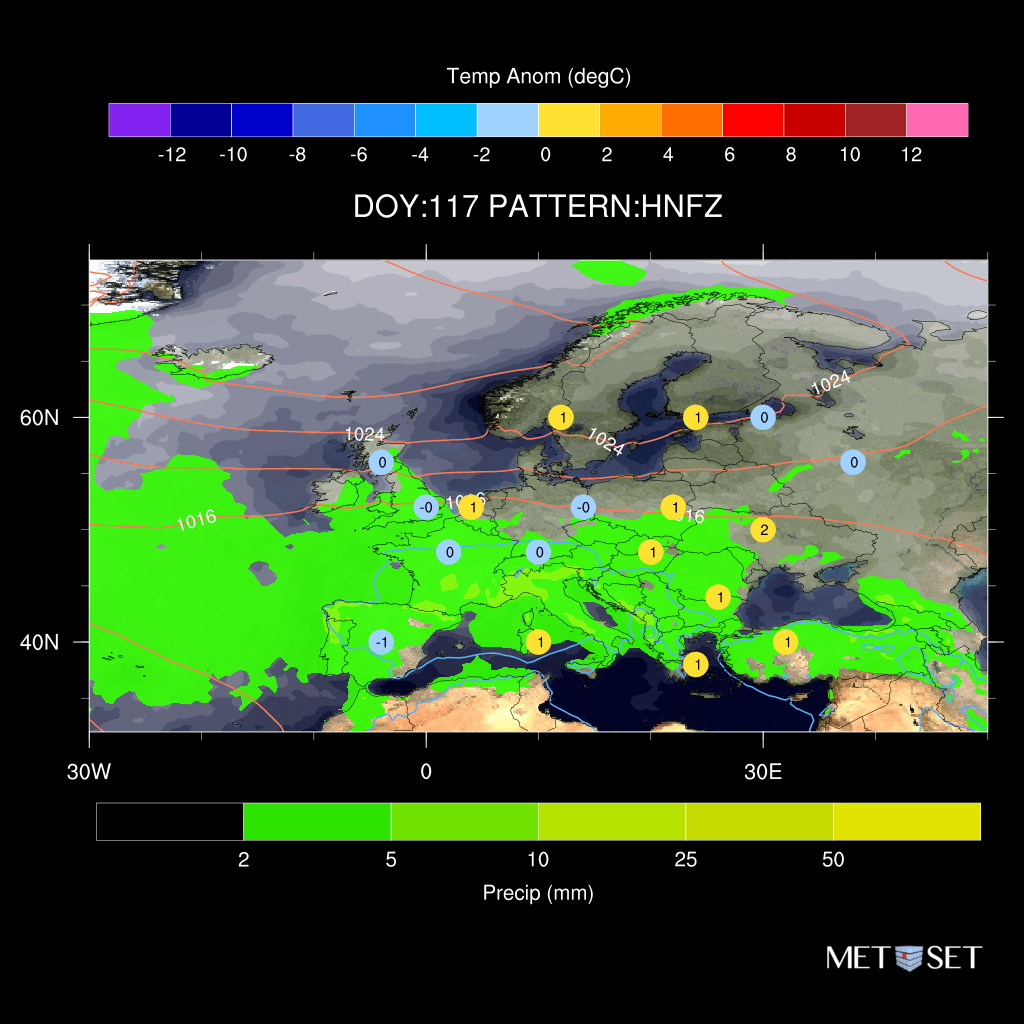 Strong/early final stratospheric warming event has brought a surface block (- NAO/AO) clear forecast for HNFZ regime in late Apr. However whilst this is the coldest regime in Feb (DOY33) - blocking doesn't have the same impact now - instead bringing near normal temps (DOY117)