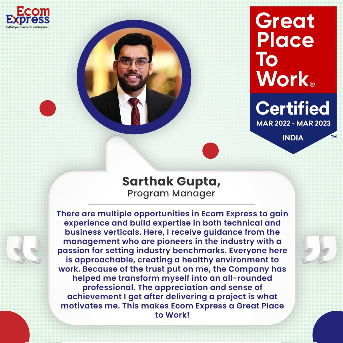 EcomExpress_Ofc's tweet photo. We are, together, committed towards building a work culture that promotes the values of teamwork, diversity, ambition and perseverance.
.
#gptw2022 #gptwcertified #greatplacetowork #teamwork #diversityandinclusion #betterworkplace #logistics #ecomexpresslimited https://t.co/XNBw9G1XRL