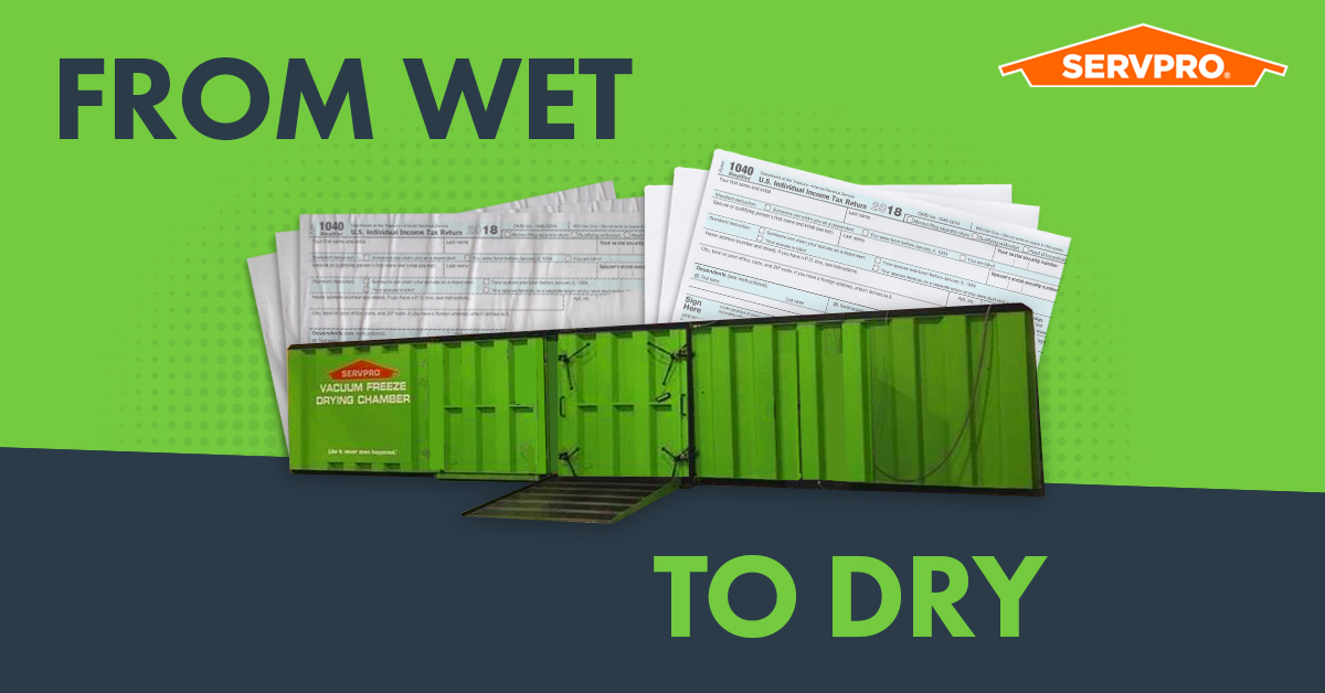 Tax documents ruined by water damage? SERVPRO can dry and restore them, including family photos, inside our drying chamber.

Hopefully, you thought of it before today's deadline.