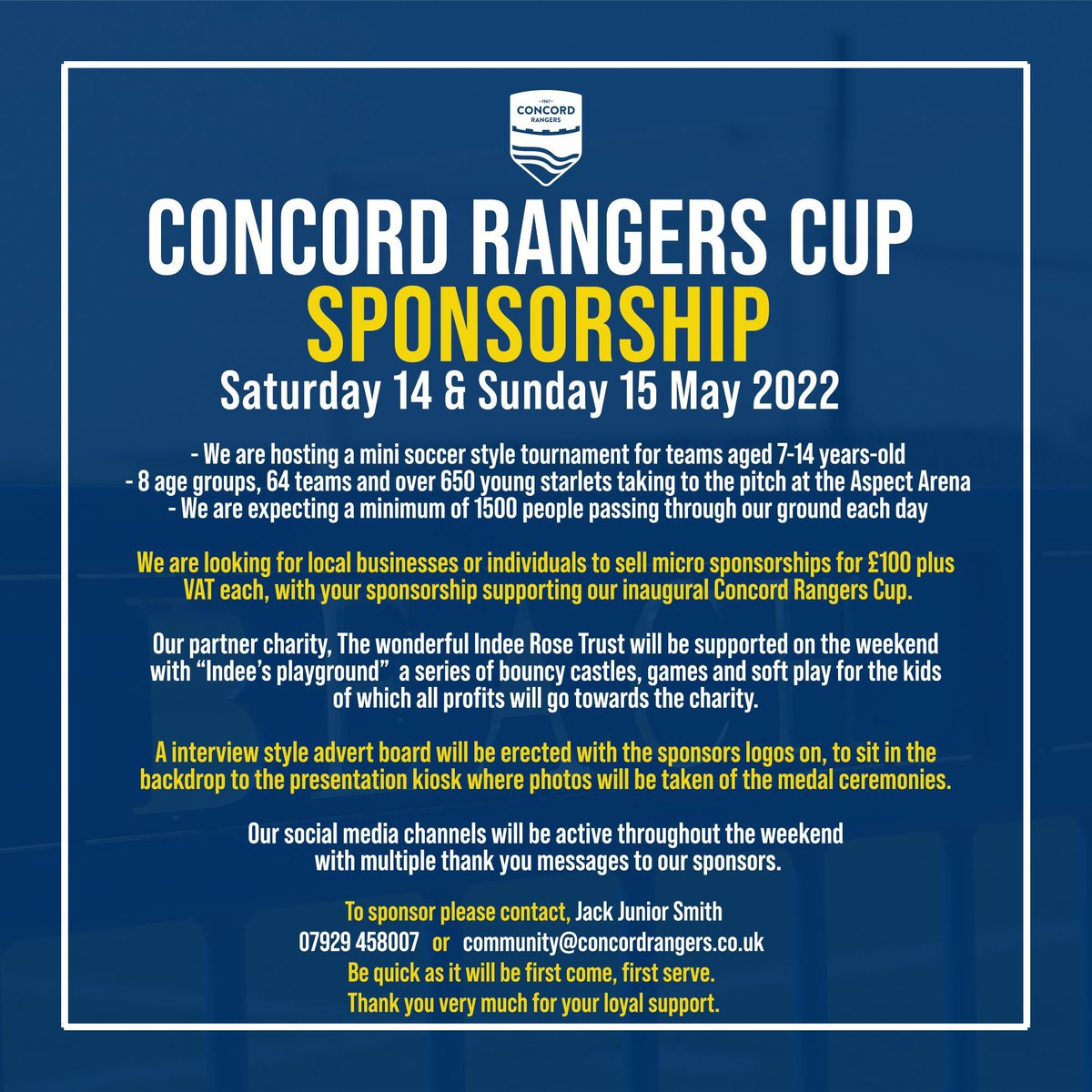 SPONSORSHIP: We’re looking for sponsors for the inaugural Concord Rangers Cup next month. Want to support local youth football as well as help raise more valuable funds for the @indeerosetrust ? Then check out the leaflet below for further information. #YAMC 💛💙