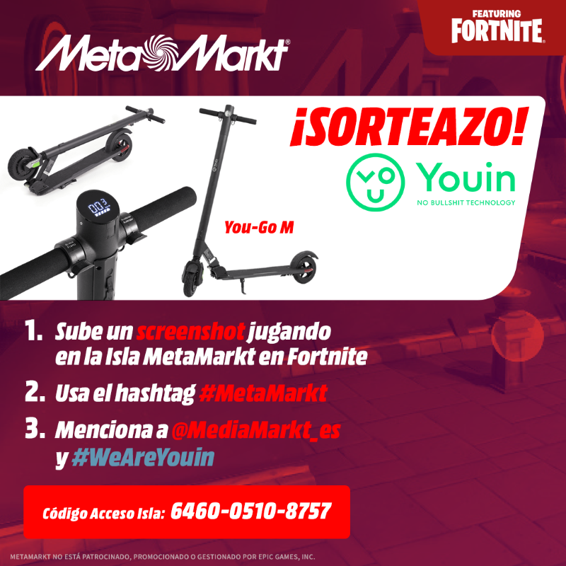 MediaMarkt_es's tweet photo. 💫 𝗦𝗢𝗥𝗧𝗘𝗔𝗠𝗢𝗦 un 𝐏𝐚𝐭𝐢𝐧𝐞𝐭𝐞 𝐘𝐎𝐔𝐈𝐍 gracias a #WeAreYouin🛴  para celebrar el lanzamiento de nuestra NUEVA isla en 𝗙𝗼𝗿𝘁𝗻𝗶𝘁𝗲🏝️  #MetaMarkt

¡Para que llegues volando a todas partes, no solamente en tus partidas! 🚀

 ⚡️ Participa el 22 y 23 de abril📸 https://t.co/F2LOM6faeS