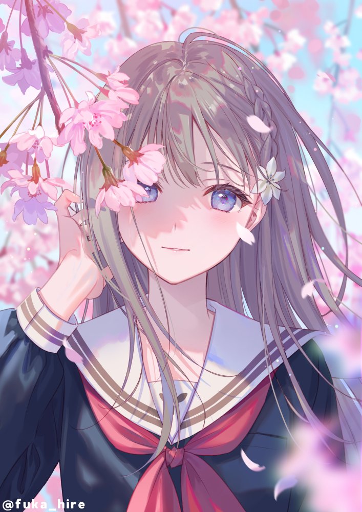 1girl solo flower school uniform long hair cherry blossoms red neckerchief  illustration images