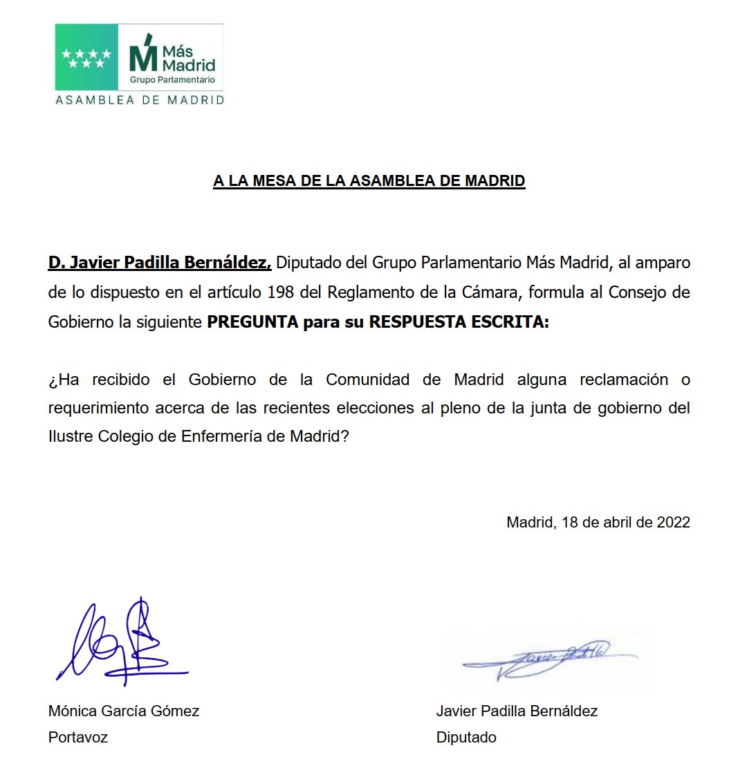 Hemos registrado un par de preguntas al gobierno de la Comunidad de Madrid sobre las recientes elecciones al Colegio de Enfermería de Madrid

[aquí un enlace para saber de qué va el tema: elconfidencial.com/espana/madrid/…]