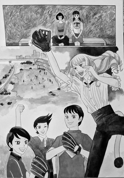 86.第8話
ドラの上着を預かるジャイ子、しずかが観戦。出木杉、スネ夫、ジャイアン、みんな揃って守備を固めています。投手はドラ。

1998年のドラえもん映画だとジャイアンとスネ夫とのび太くんとドラえもんがキャッチボールで終わりますが、私はそれをスケールアップさせました。 