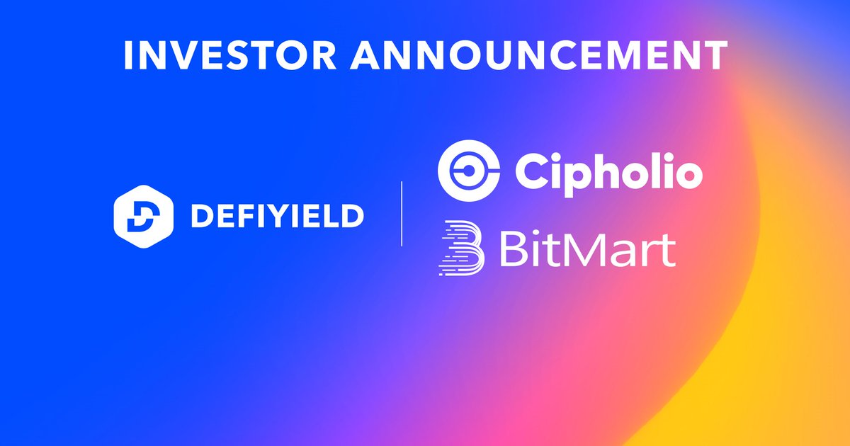 🎉INVESTOR ANNOUNCEMENT🎉
 
We are happy to have Cipholio/BitMart as Investors at DeFiYield!
 
@cipholio <a href="/BitMartExchange/">BitMart</a> are Top investors in the Web 3.0, DeFi, GameFi, and Layer 2 space. We look forward to working together!
 
Soon we have them all! 🤩
 
Let’s go, $DEFI Team🚀