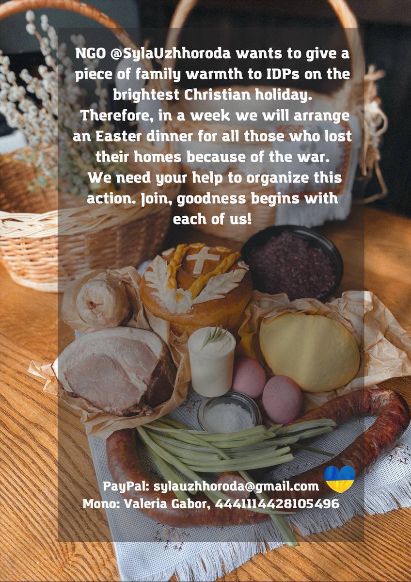 mitryayevaa's tweet photo. The volunteer organization of Uzhhorod is raising money for an Easter dinner for all the refugees. Please help bring this joyful fest to those in need. #Ukraine #Easter #Easter2022 #Пасха #HelpUkraine #HelpUkrainianRefugees #WARINUKRAINE #donate #HumanitarianAid https://t.co/dxxZv0ngTu