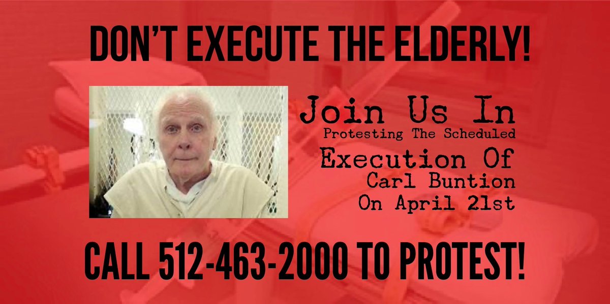 Does executing a frail 78 years old man (who needs a wheelchair) mean to be tough on crime?!
Join us, call/tweet @GovAbbott to protest. #CarlBuntion scheduled to be executed by the state of TX in only 3 days is NO threat behind bars (he has never been)! #StopExecutions