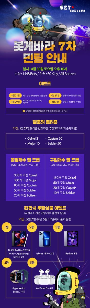NINJA_SURVIVOR's tweet photo. 🤖로봇혁명만세!!
NFT게임화 목표 프로젝트 봇게바라

7차 민팅안내!🚀

❗4월 30일 오후 10시
❗1448 Bots / 60 Klay

🦾6가지 이벤트 진행!
💯완판 시 어나더레벨 상품 추첨 지급!!

❗행운의 봇티즌 + 각종 상위티어 드롭 이벤트

☑필참
디스코드에서 다양한 정보 확인가능!

#NFT #민팅 #봇게바라 https://t.co/0oupdl7jVD