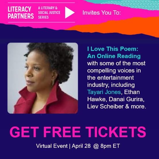 LitPartners's tweet photo. Join Tayari Jones for I Love This Poem: An Online Reading on Thursday, April 28 at 8:00pm ET. Get Tickets HERE: https://t.co/ZanaQm6QgR
#LiteracyPartners #racialjustice #socialjustice #ilovethispoem #wordsshapeourworld #backbypopulardemand #poetrymonth #tayarijones https://t.co/p4SGhRy7Ed