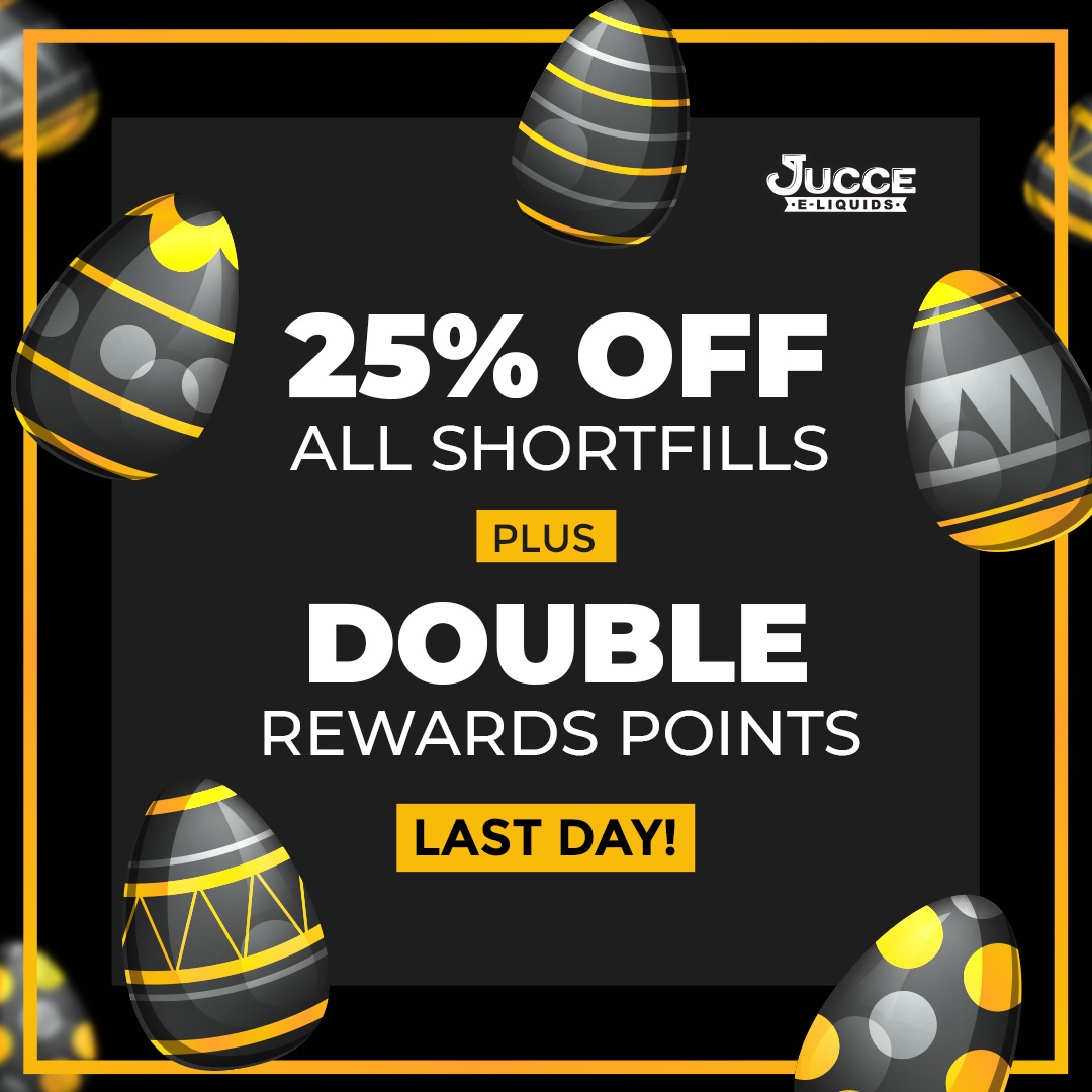 vapejucce's tweet photo. EASTER DEALS END TODAY! 25% off shortfills &amp; double rewards points on all orders. Get it before it's gone! ⁠
Visit: https://t.co/8eAq1UJMQ1⁠

#easterdeals #eliquids #freedelivery #vaping #vapeon #instavape #vapekit #vapehappy #ecigarette https://t.co/tjpBmb3BvF