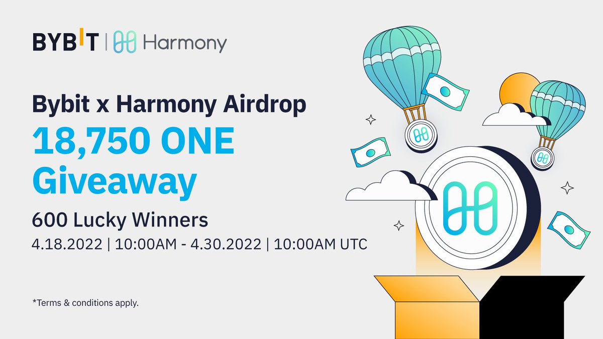 🔥 Bybit X Harmony Airdrop!

1️⃣ Follow <a href="/Bybit_Official/">Bybit</a> &amp; <a href="/harmonyprotocol/">Harmony 💙</a>
2️⃣ Join Bybit &amp; Harmony TG groups
3️⃣ RT + Tag 3 Friends

☺️ 𝟔𝟎𝟎 lucky winners will share a 𝟏𝟖,𝟕𝟓𝟎 $ONE prize pool!
⏰ Enter by April 30, 2022 10AM UTC
👉 Join Now: bit.ly/3MfZeu7