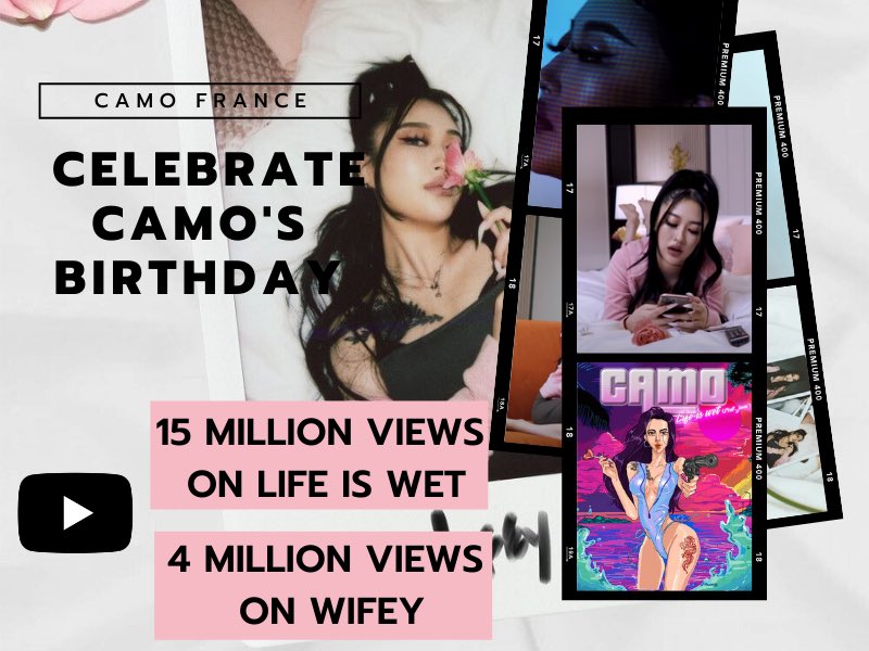 Camo_France's tweet photo. ⚠️FOR CAMO’S BIRTHDAY⚠️💕
Let’s all celebrate Camo’s birthday (29th of April) by streaming her most popular songs on YouTube!
Our goals:
-4M views on #WIFEY before Camo’s bday
- 15M views on #LIFEISWET before Camo’s bday
🔗 https://t.co/YXNGioeAfj
🔗 https://t.co/aG0gZPFVBL https://t.co/Jlqj3VC55x