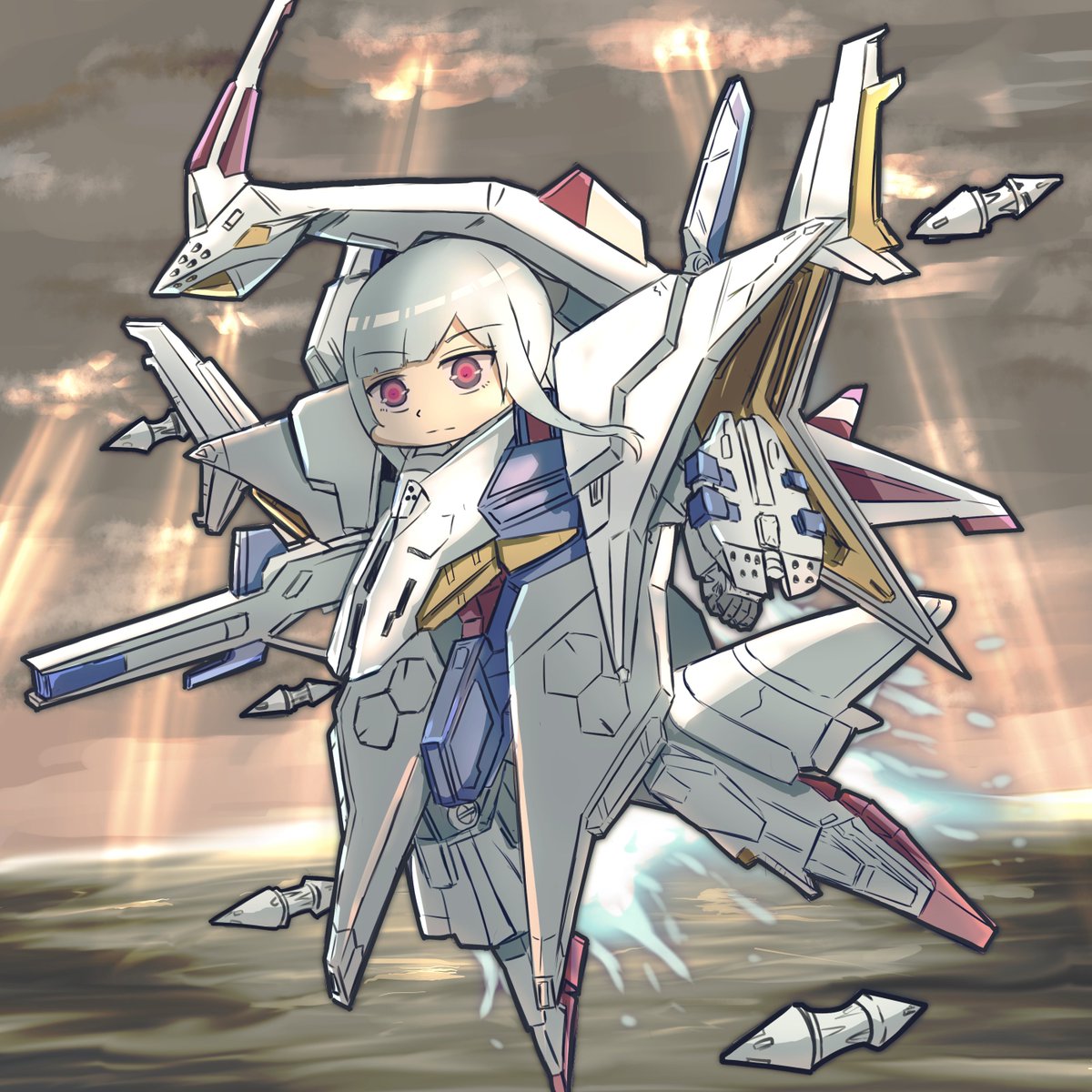 1girl mecha musume solo white hair red eyes chibi flying  illustration images