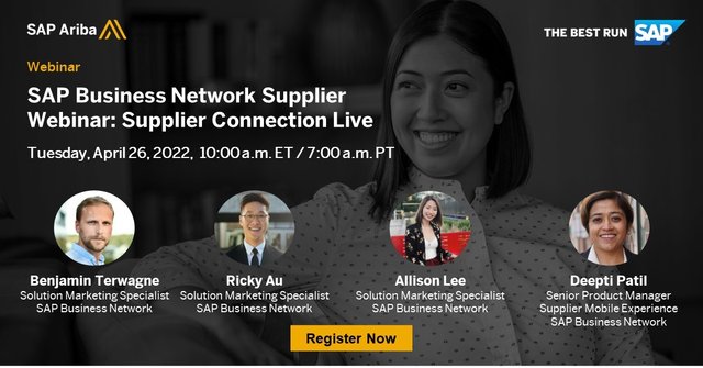 Richarddowns's tweet photo. Join us on April 26th for our supplier connection live webinar. Learn how you can unlock more capabilities on the network and get a snapshot of future solutions Register today and save your seat here: #SAPBusinessNetwork @SAP @SAPAriba https://t.co/n6HpdqaprL https://t.co/507Mr5hfym