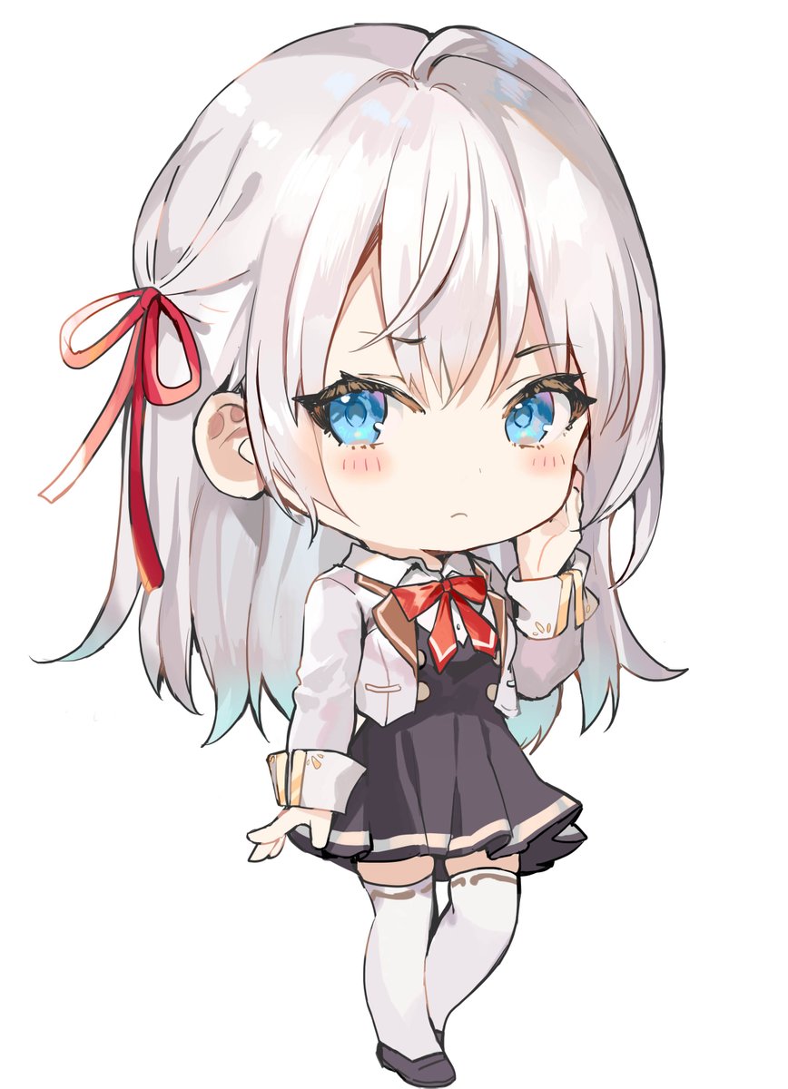 1girl solo thighhighs blue eyes chibi white background long hair  illustration images