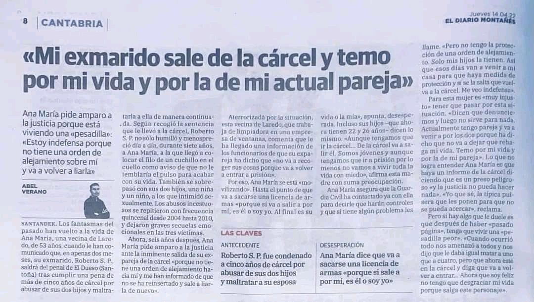janiramd's tweet photo. Ana María. 53 años. Laredo, Cantabria. Piensa en sacarse licencia de armas "porque si va a salir a por mí, es su vida o la mía".

El artículo es debastador. Se está siguiendo el caso, las FCSE están a su lado. Pero deseo que, lo que nos da miedo imaginar, no se convierta en real. https://t.co/PqFFKbnXB9