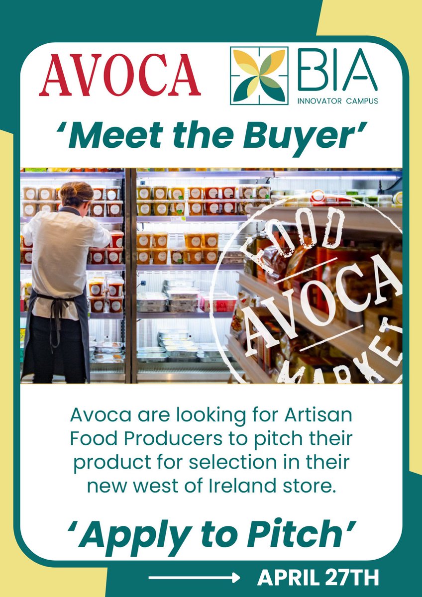 Calling all Artisan Food Producers in the West of Ireland! Come 'Meet the AVOCA Buyers' at BIA Innovator Campus on April 27th. 

<a href="/avocaireland/">Avoca Ireland</a> are looking for Artisan Food Producers to pitch their product for selection in their new WEST OF IRELAND store!

Are you interested?