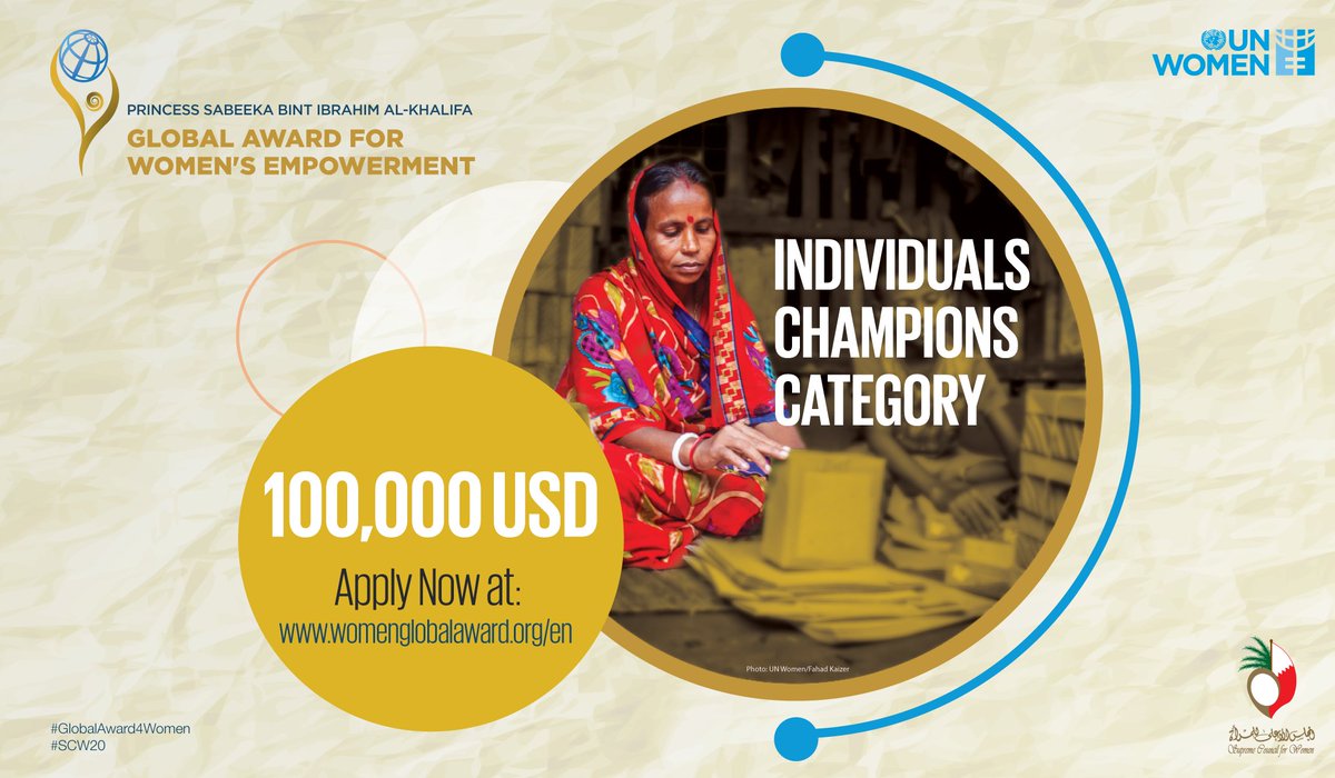unwomenarabic's tweet photo. If you're an individual working to empower women, this is your chance to win US$100,000!

Apply now for the Princess Sabeeka Bint Ibrahim Al Khalifa #GlobalAward4Women’s Empowerment.

Find out more 👇
https://t.co/QUliidkCYG
Deadline: 31 May 2022
#SCW20 #Bahrain @Scwbahrain https://t.co/NtSdYDF6IO
