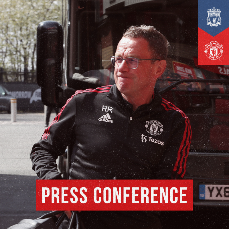 ManUtd's tweet photo. 🚨 Ralf's #LIVMUN press conference will be under way shortly... 

Head over to our app or website to hear what our interim boss has to say 📲👇

#MUFC | #PL