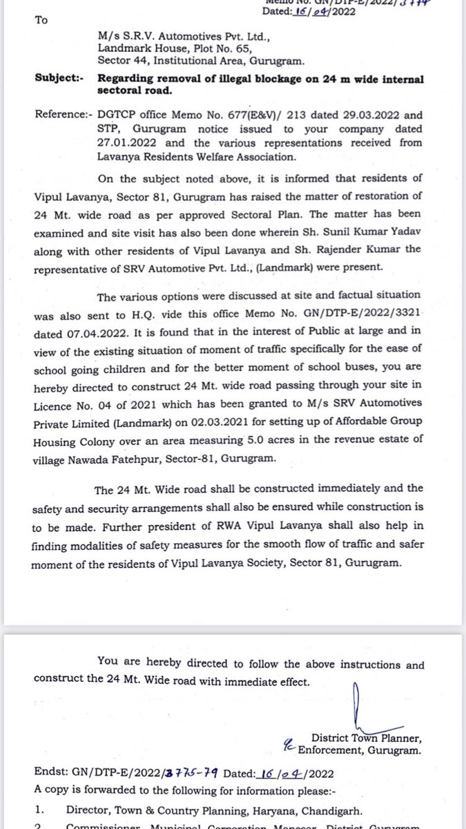 Thank you #DTPE_Gurugram for issuing the instructions to #Landmark for constructing the 24mtr wide road immediately. <a href="/DC_Gurugram/">DC Gurugram</a> <a href="/mlkhattar/">Manohar Lal</a> Now since the department has understand our problem, if the builder fails to do so plz cancel their license. <a href="/ReporterNaughty/">NAUGHTY REPORTER</a> <a href="/MlaSatya/">Satya Prakash Jrawta</a>