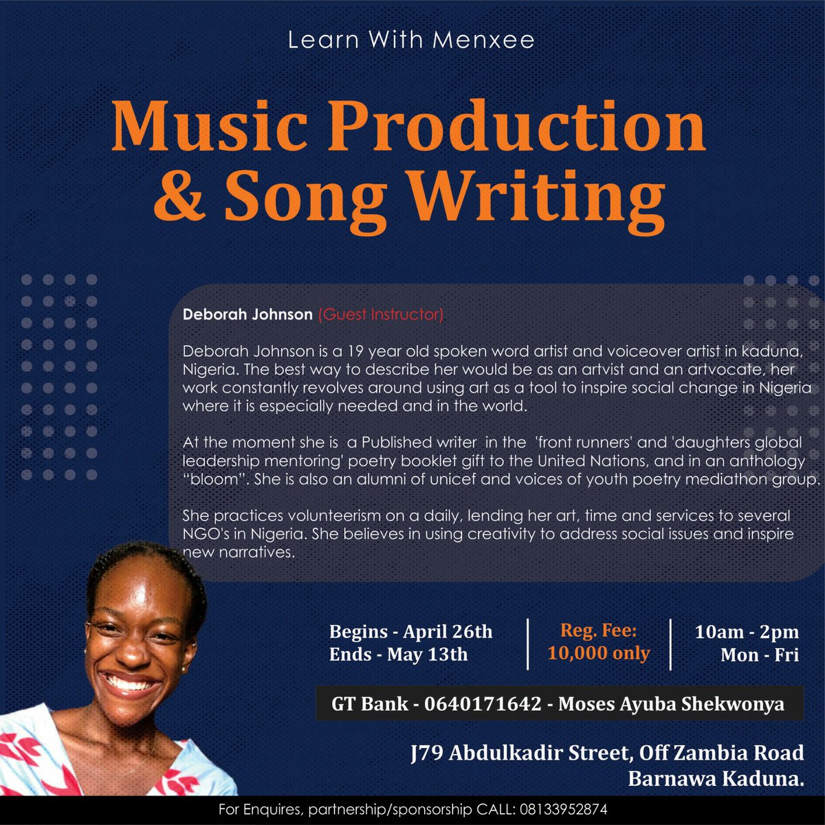 KingMenxee's tweet photo. In effort to make the entire program impacting and very beneficial to our participants, I'll be having some of the best in both M.P and S.W, come through as guest instructors.

Awesome right? I know. Plus reg. is only N10,000.

Help someone who needs this by sharing. Blessings! https://t.co/u9ZzTUSLhb