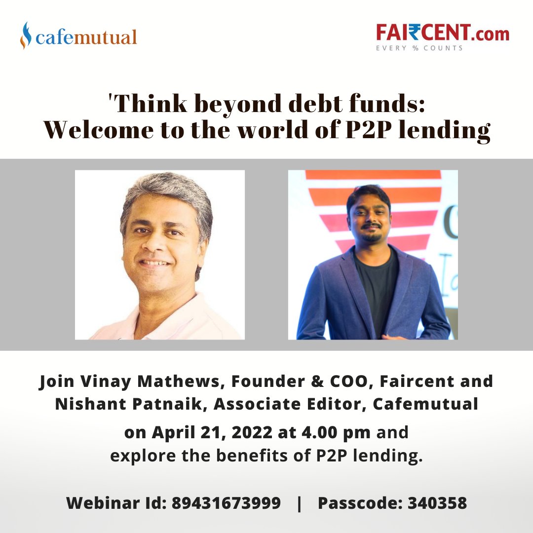 Explore the benefits of P2P lending on April 21, 2022 at 4.00 pm! Register now : bit.ly/3uQpsNY <a href="/Faircent1/">Faircent</a> <a href="/PatnaikNishant/">Nishant Patnaik CFP®</a>