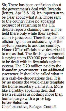 Kevin_Maguire's tweet photo. "grubby, appalling deal that treats refugees as nothing more than human cargo with a price tag."

- damning @EnverSol @thetimes letter setting out the human and financial costs of saving Johnson. https://t.co/ilVNjZpj83