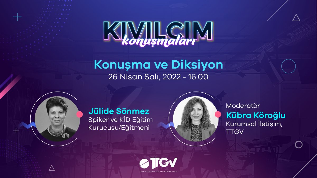 T_T_G_V's tweet image. “Kıvılcım Konuşmaları | Konuşma ve #Diksiyon” 26 Nisan Salı günü, saat 16.00’da! 🗓
Spiker ve @kidegitim Kurucusu &amp;amp; Eğitmeni Jülide Sönmez’i konuk edeceğimiz bu buluşmada Türkçeyi daha güzel konuşmaya ve sıklıkla yapılan telaffuz hatalarına odaklanacağız.