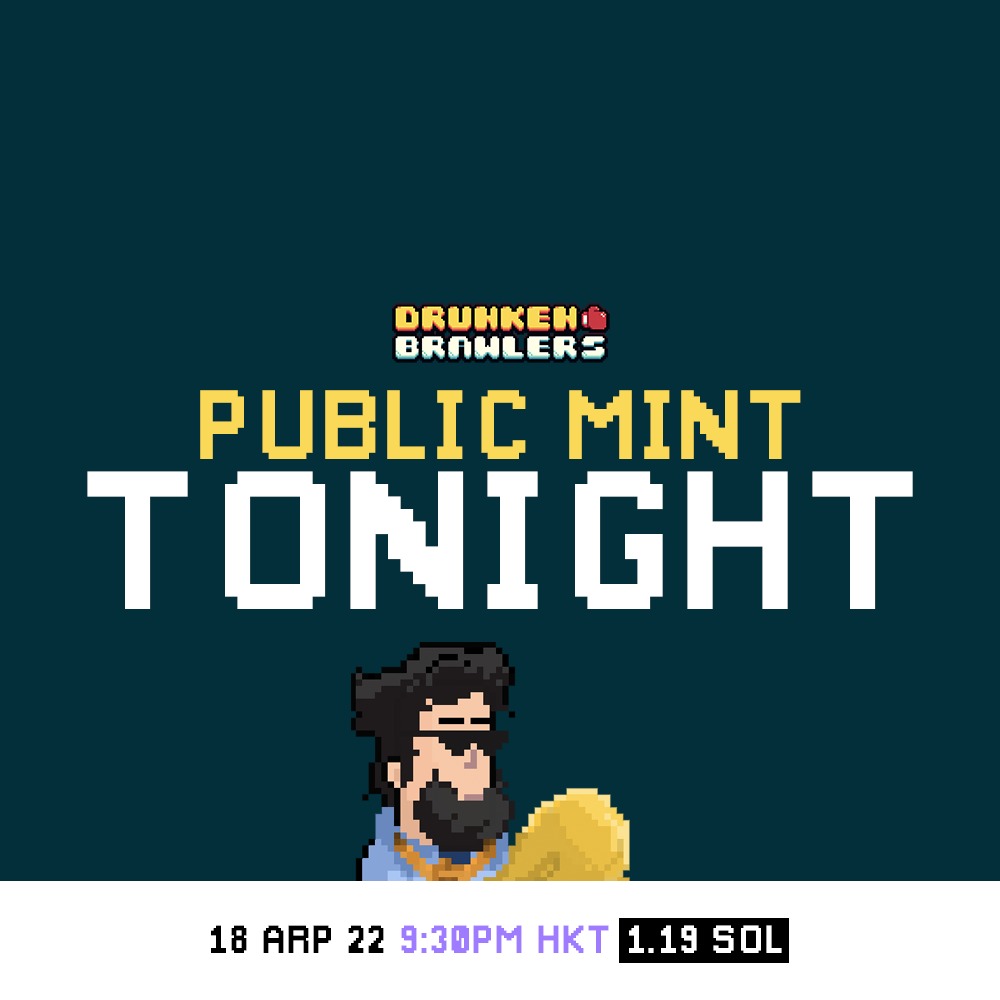 drunkenbrawlers's tweet photo. Public mint tonight! Get your Solana ready and hold your horses! 😤🚀🥂

#Solana #Blockchain #cryptocurrency #NFTs https://t.co/6PjbXnlMOI
