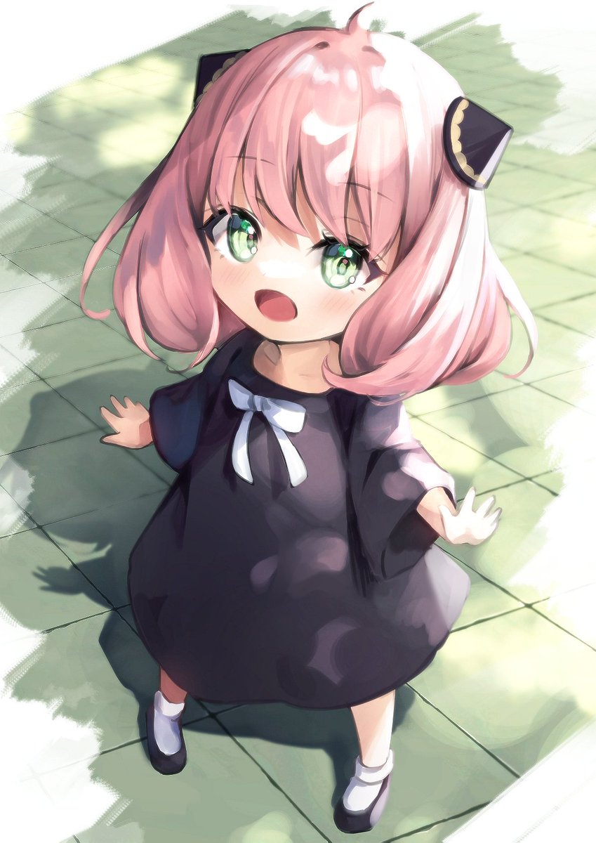 anya (spy x family) 1girl pink hair solo green eyes dress female child black dress  illustration images