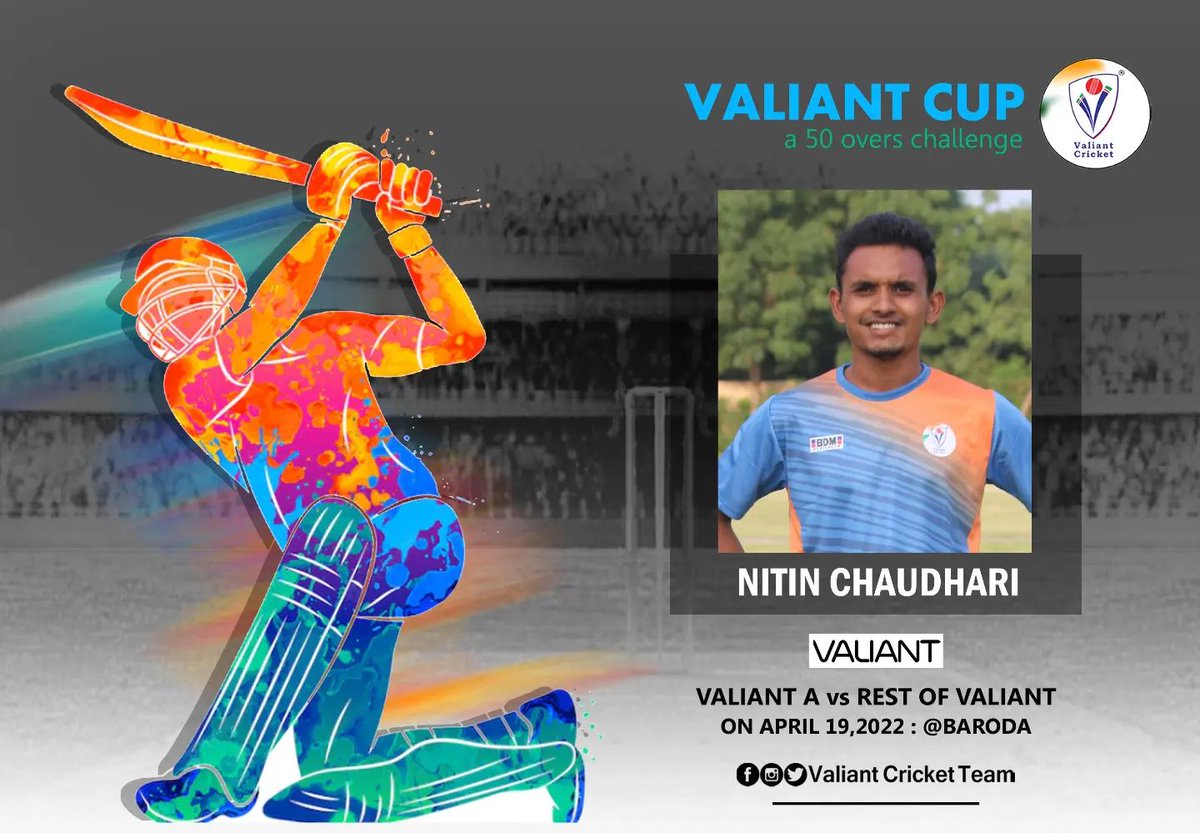 CricketValiant's tweet photo. Valiant Cricketer Nitin Chaudhari will be part of Valiant Cup - a 50 overs challenge on April 19, 2022 at Baroda!! 

#ValiantForGoodCause #ValiantCricketTeam #RestOfValiant #ValiantA #ValiantCup #Baroda #Gujarat #Cricket #NitinChaudhari https://t.co/gmhjM9Qwg5