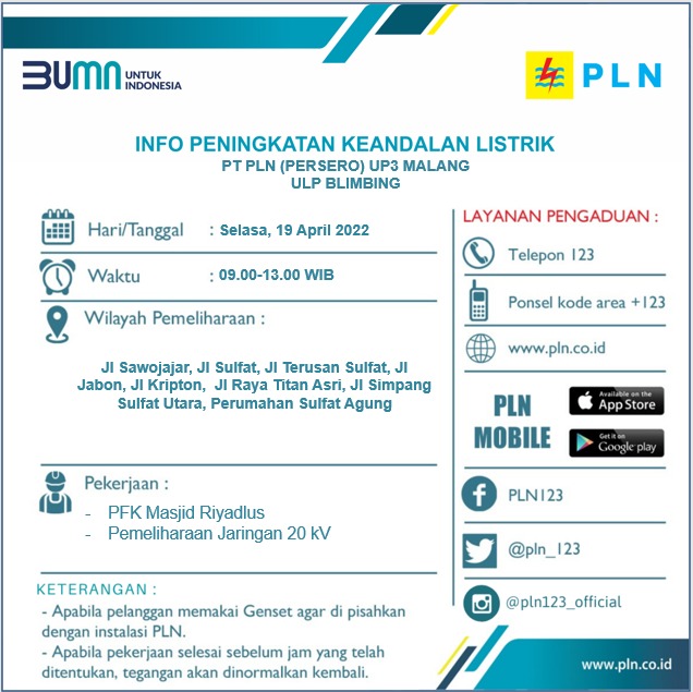 Info peningkatan keandalan listrik Selasa 19 April 2022 ulp blimbing  <a href="/infomalang/">Info Malang</a> <a href="/RRIMalang/">RRI Malang I Kanal Informasi dan Inspirasi</a> <a href="/Senaputra_FM/">Senaputraᅠᅠᅠᅠᅠᅠᅠᅠᅠ</a> <a href="/cityguide911fm/">City Guide 911 FM</a> <a href="/kabmalanginfo/">KAB MALANG INFO</a> #Malang