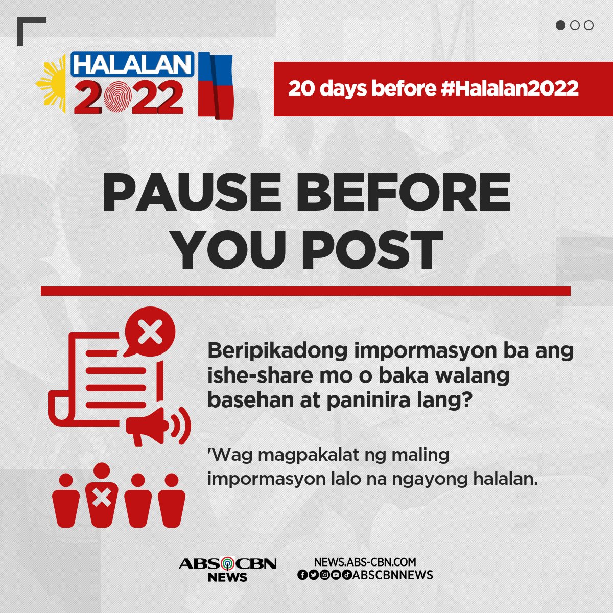 Huwag magpalinlang sa mga clickbait o fake news! Siguraduhing beripikadong impormasyon ang iyong kinokonsumo o ikinakalat sa social media, Kapamilya.

20 araw na lang, #Halalan2022 na.

Para sa iba pang ulat ukol sa halalan, magtungo sa news.abs-cbn.com/halalan2022