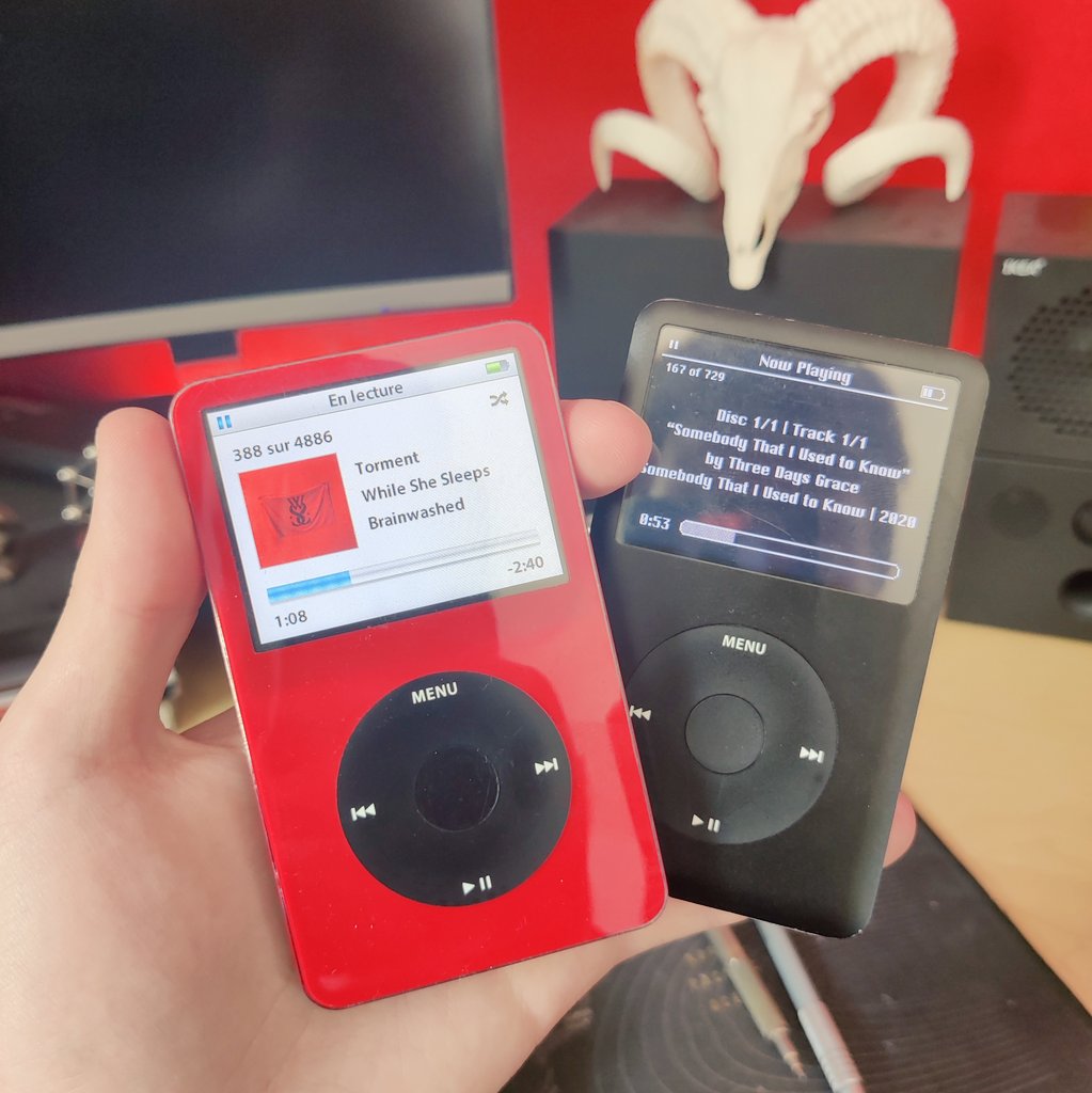 🔴 iPod 5.5 "video", iFlash Quad with 2x128gb. Red front plate and black back case. 3000 mAh battery. Cracked 1.3 firmware

⚫ iPod 6th gen "classic" 80gb. Had to change the screen and the battery. Rockbox 3.15 with PodOne theme in black and white