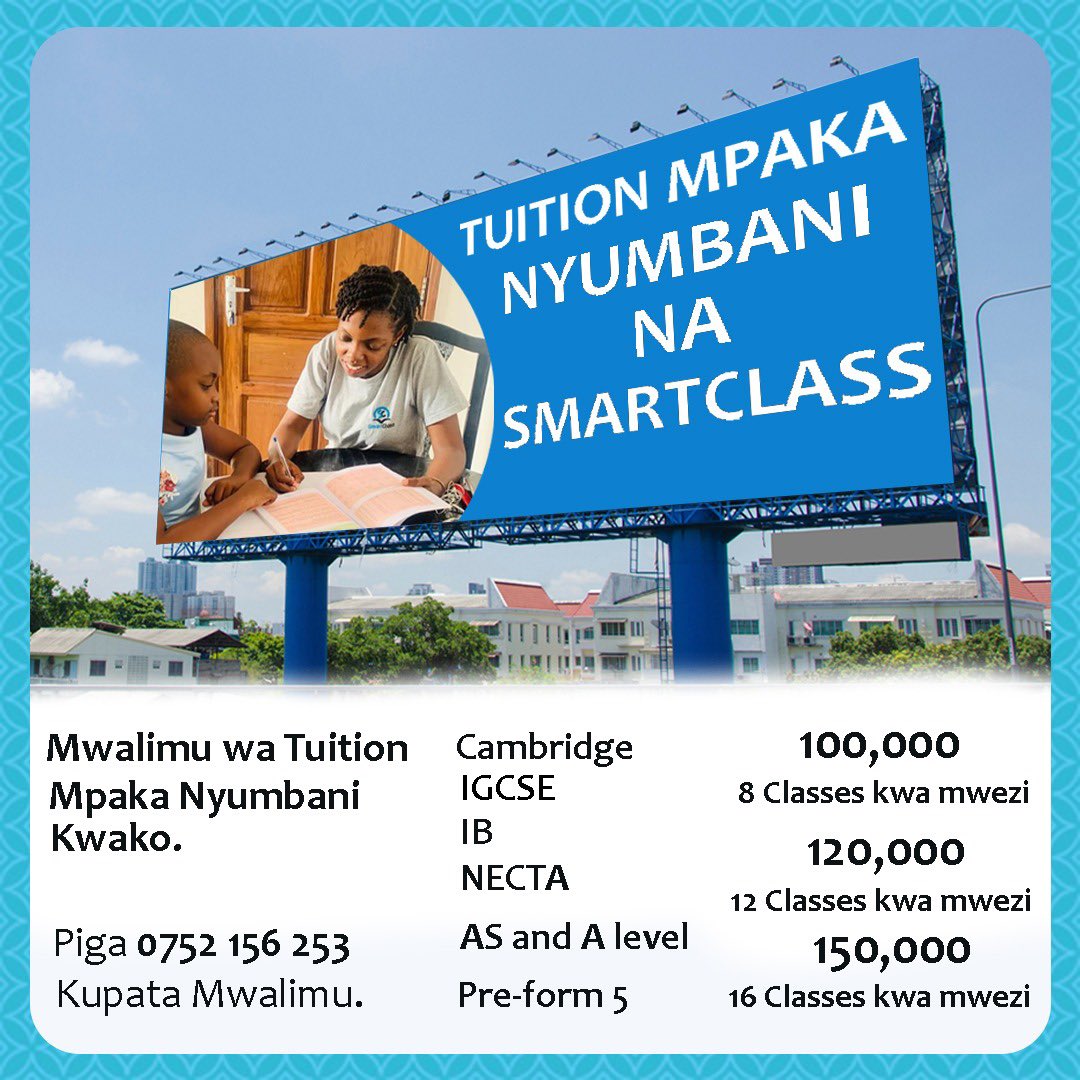 Mtoto wako hafanyi vizuri shuleni na anahitaji msaada wa kitaaluma na hujui pakuanzia tumia <a href="/smartclasstz/">Silabu (powered by smartclasstz)</a> 

Piga 0752 156 253, tunatoa huduma mbalimbali za kitaaluma ikiwemo ya mwalimu wa Tuition mpaka nyumbani kwako. 

Ofisi zetu zipo UDIEC-UDSM Block B 213, Karibu tukuhudumie.