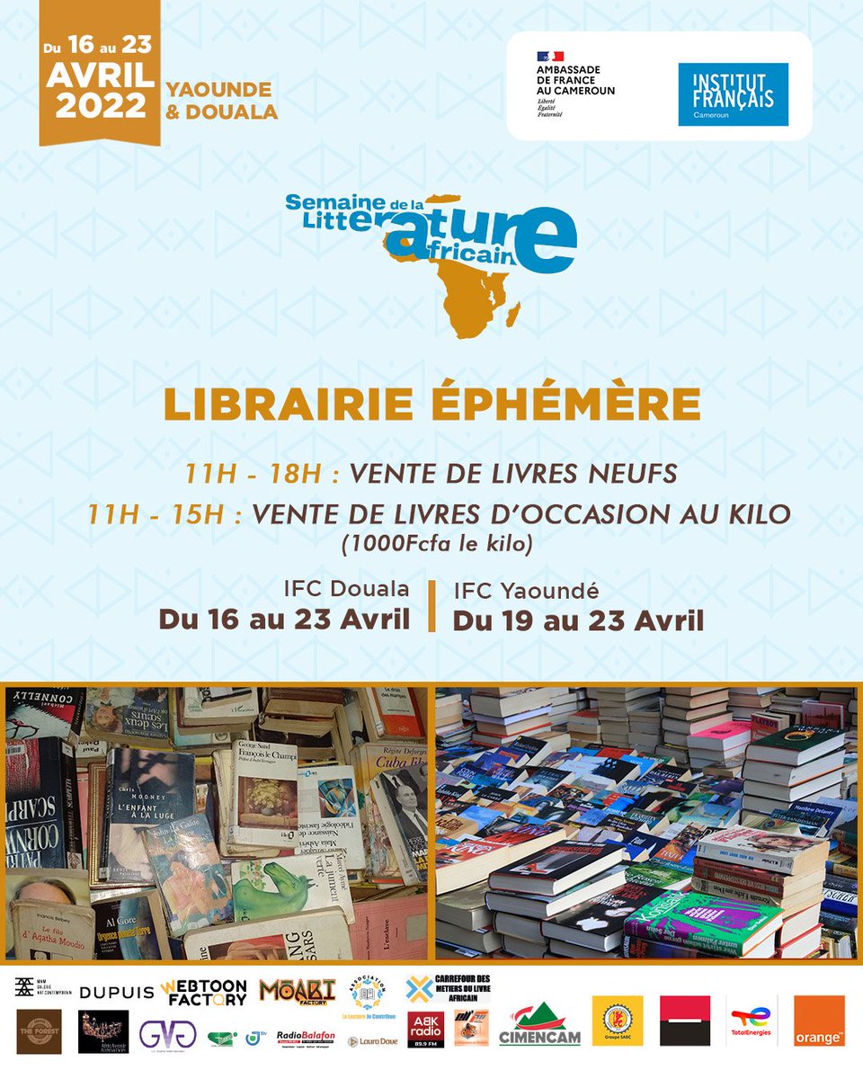 IFCameroun's tweet photo. YAOUNDÉ 
#SemaineDeLaLittératureAfricaine   
Début des activités demain à l'IFC de Yaoundé💃. Venez profiter de la vente de livres, d'une conférence sur les nouveaux formats du livre et de la dédicace de #DerrièreLeSourireDuMasque de Joseph Mbarga. 📚 https://t.co/zxKYo5NIx6