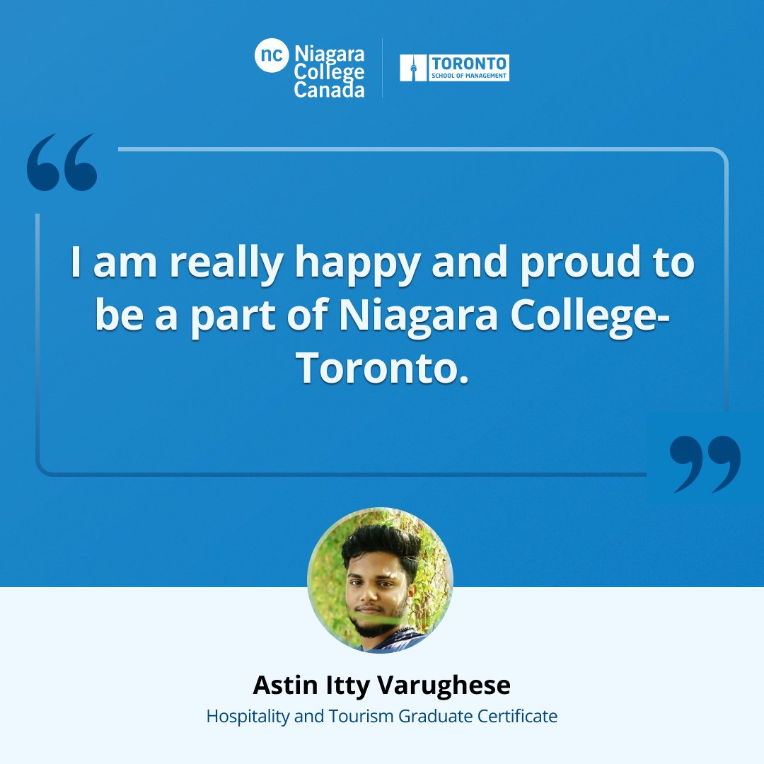 NiagaraToronto's tweet photo. Astin Itty Varughese, NCT Hospitality and Tourism student originally from India, found all the help & support he was looking for at Niagara College – Toronto
#studentlife #NCTReview #Testimonial #CommunityFeatures #NiagaraCollegeToronto #NCToronto #myNCTstory #myNCT #NCT https://t.co/3uxTO2xX2a